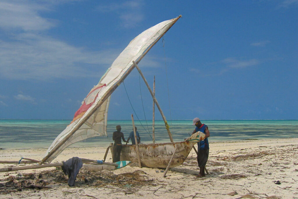 Jambiani in 2005: Fishermen repairing a dhow